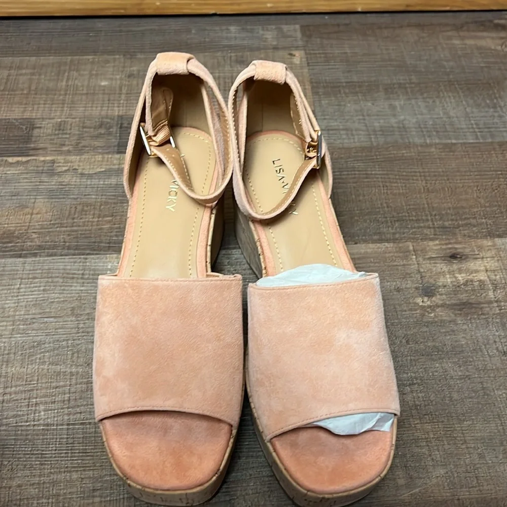 Lisa Vicky Canyon Sun Kid‎ Sue Cork Wedge Platform Strappy Sandals Peach 8M NIB